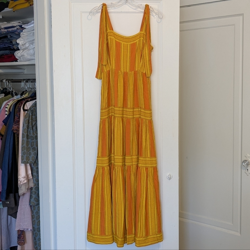 Sunny Sriped Viscose Yellow Orange Maxi Dress Tie Straps Small